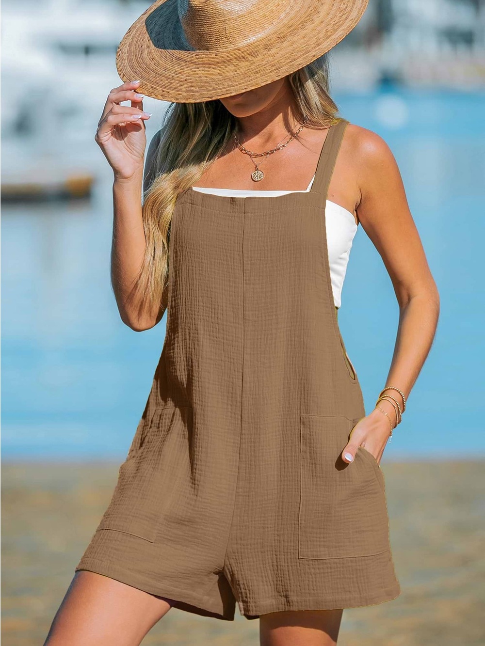 NWT Cupshe Cotton Romper Womens L Boho Cottagecore Overall Shorts Relaxed Beach